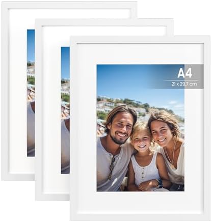 SONGMICS Bilderrahmen, 3er Set, A4, 21 x 29,7 cm, Fotocollage, Kunstrahmen | MDF-Rahmen, spurlose Wandhaken, aufhängen, aufstellen, weiß, KAVI Kollektion RPF056WZ01