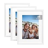 SONGMICS Bilderrahmen 21 x 29,7 cm, Fotocollage, Kunstrahmen, MDF-Rahmen, spurlose Wandhaken, 3er Set, aufhängen, aufstellen, weiß RPF056WZ01