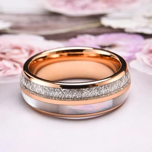 Tungsten Carbide Rings for Men Women 8mm/6mm Silver and Rose Gold Inlaid Meteorite and Shell, Men's Engagement Wedding Bands High Polished4