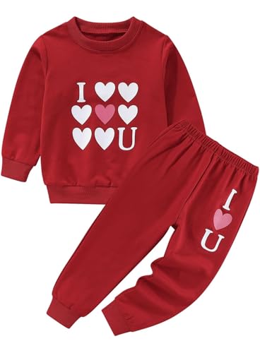 Image of Cute Toddler Girls Sweatsuit - Casual Heart Print Child Clothes Fall Outfit