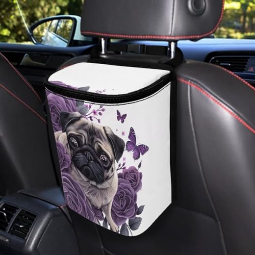Image of Talayituse Pug Dog Butterfly Flower Print Car Trash Can, Portable Auto Garbage Bin Multifunctional Vehicle Interior Accessories with Adjustable Straps Universal Fit Truck SUV Sedan