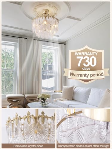 Image of 20 inch Gold Fandelier Ceiling Fan with Light, Gold Crystal Chandelier Ceiling Fans with Lights and Remote Control, Mid Century Enclosed Caged with 6 Speeds for Bedroom, Nursery, Living Room