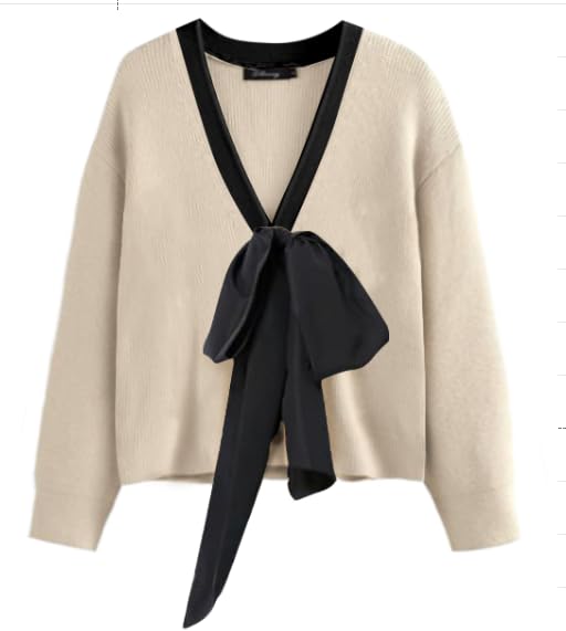 Women Bow Sweater Cute Tie Front Cropped Cardigan V Neck 7/8 Long Sleeve Fall Knit Top Elegant Holiday Party Office Wear4