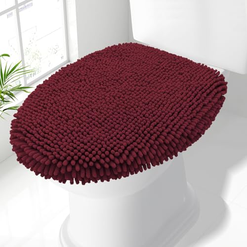 Image of Smiry Soft Chenille Bathroom Toilet Lid Cover, Machine Washable Covers, 17.5x15, Fits Most Round, Elongated and Oblong Lids, Accessories Decor, Burgundy
