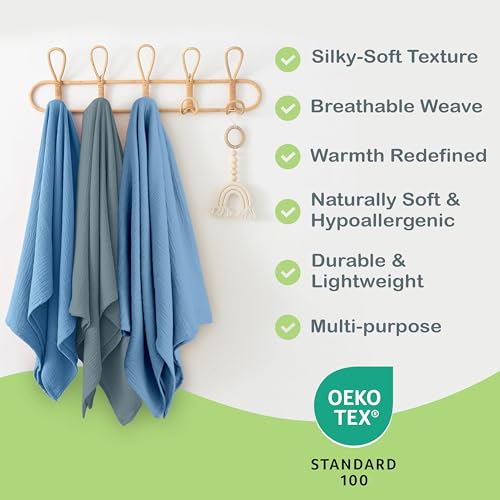 Image of Organic Muslin Baby Blanket 2-Pack Slate & Aquarius, 47x47 Inch, 100% Organic Cotton Oeko-TEX Certified Hypoallergenic Swaddle Blanket for Newborn Boy, Baby Boy Shower Gift