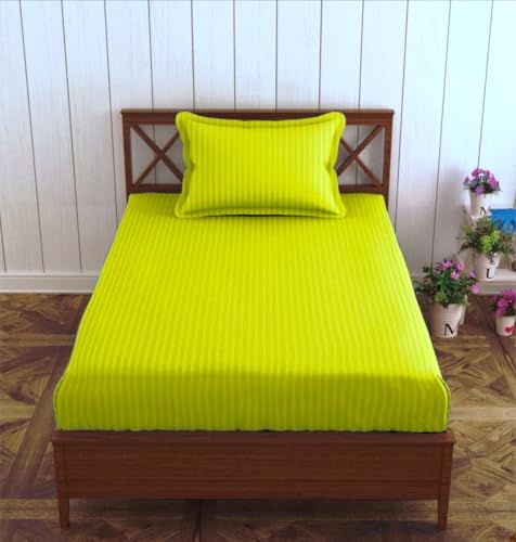 Image of Trance Home Linen 100% Cotton 72x30 inch Single Fitted 200TC Satin Stripe Elastic Fitted Bedsheet | Single Bed Size Daily use Fitted Bedspread with 1 Pillow Covers (72 inchx30 inch | 6x2.5 feet,Canary Yellow)