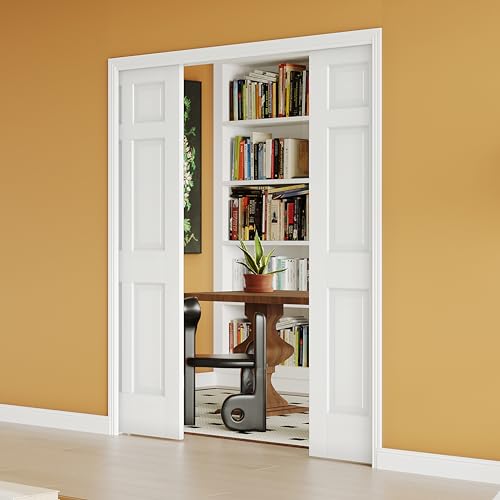 Image of 56 inch x 80 inch Sliding Pocket Interior Door, 6-Panel Hollow Core Pantry Door with Frame and Hardware Kit, Lightweight Closet Door, Waterproof PVC Surface, Easy to Install