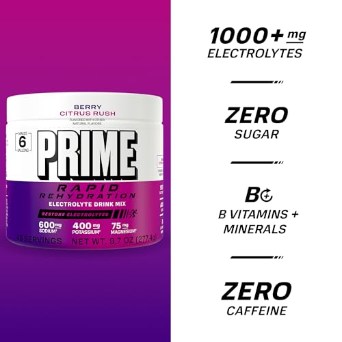 Image of Prime Rapid Rehydration Electrolyte Powder, Berry Citrus Rush, Sugar Free Hydration Drink Mix with Sodium, Potassium, Magnesium & B Vitamins to Replenish Fluids, Caffeine Free, 6 Gallon Tub, 48 SRV