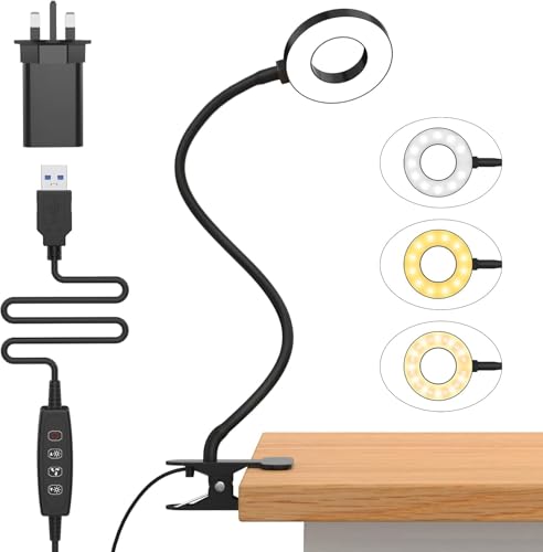 iZELL LED Desk Lamp with USB Adapter3 Color Modes 10 Brightness Eye Caring Clip on Clamp Light 40cm Flexible Arm Book Ring Light for Gaming/Video Conference/Reading Clip on Table Headboard