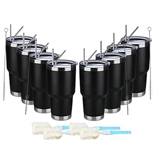 MEWAY 30oz Insulated Tumbler With Lids and Straws,Stainless Steel Double Vacuum Coffee Tumbler Cup, Brush, Durable Powder Coated Coffee Cup for Cold & Hot Drinks(Black,8 PACK)