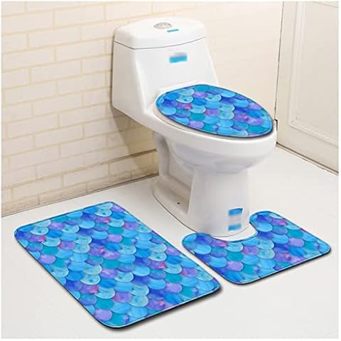 GOLOFEA 3-Piece 3D Fish Scales Bath Rug and Mat Set, U-Shaped Toilet Floor Mat, Non-Slip Bathroom Doormat Rugs, Toilet Lid Seat Cover, Use It In the Shower, Kitchen or Next 5-45x75cm Cover