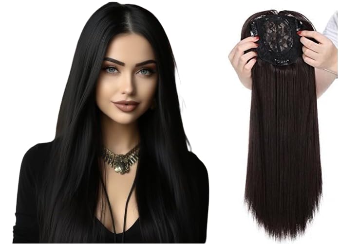 Baal 19 Inch Long Synthetic Silk Base Hair Topper Closure Extension/Scalp Covering Extension/Volumizer Hair Topper For Thining Hair For Women and Girls (Black)