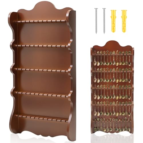 Weysat 60 Souvenir Spoon Display Case 5 Tier Wall Mount Wooden Tea Spoon Rack Cabinet for Collection Display Brown 0.43 Inches Slot Width (30 L X 14 W X 3.1 D)