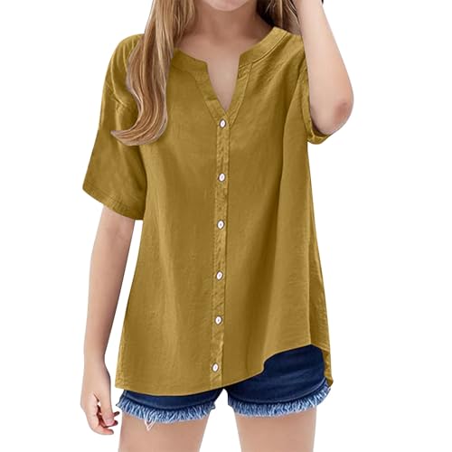 Teens Girls Shirt Roll Up Cuffed Short Sleeve Shirt Cotton Linen Blend Button-Down Top Kids Girls (A-Gold, 11-12 Years)