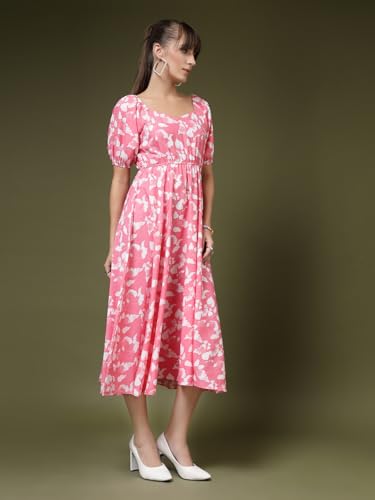 Image of OOMPH! Below Knee Shift Pink Dress in Crepe Fabric with Round Neck and Puff Sleeves - md619l