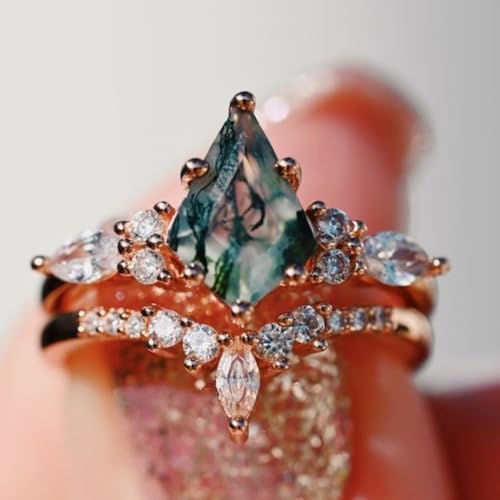 Moss Agate Ring Set Kite Cut Moss Agate and Moissanite Engagement Ring for Women 925 Sterling Silver Moss Agate Wedding Ring for Her Free Engraving4