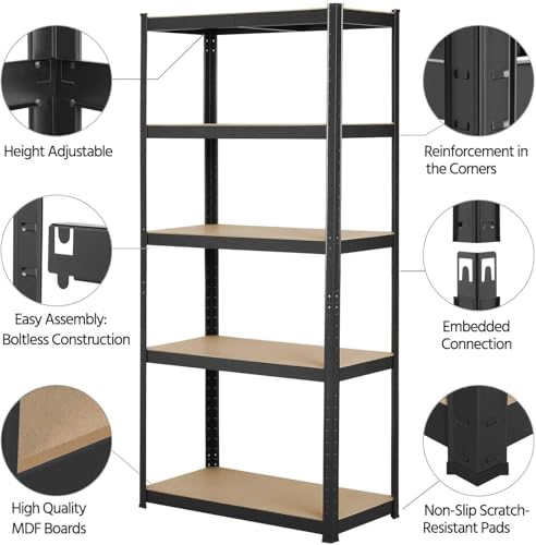 150cm x 70cm x 30cm 5 Tier Shelf, Steel & MDF Boltless Shelves, 875kg Total Capacity/175kg Per Shelf Garage shed Storage Shelving Units, 3 Year Warranty (Black)