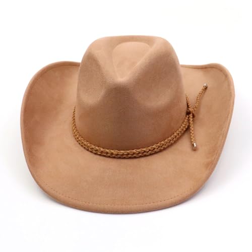 Image of Western Cowboy Hat for Women Men Wide Brim Cowboy Hat for Women with Woven Buckle Belt Suede Classic Fedora Hats