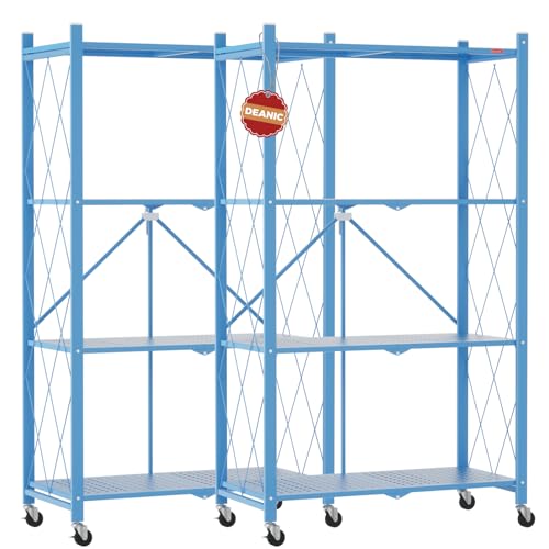 Image of DEANIC 4 Tier Foldable Storage Shelves with Wheels, Large Capacity Shelving Unit, Freestanding Metal Wire Shelf Rack, No Assembly Organizer Rack for Garage Kitchen, Basement, Pantry(Blue Pack of 2)
