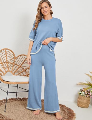 Image of Tanming Sweater Sets Women 2 Piece Lounge Sets Short Sleeve Knit Pullover Tops Wide Leg Pants