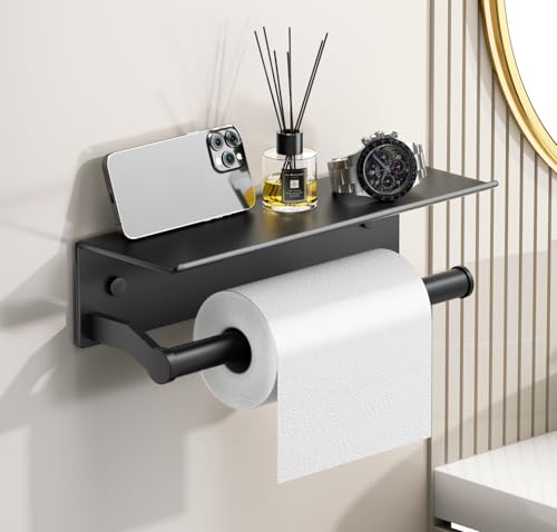 Dr.DJ Black Paper Towel Holder Wall Mount with Shelf for Bathroom, Matte Black Adhesive Hand Towel Holder for Bathroom Kitchen RV