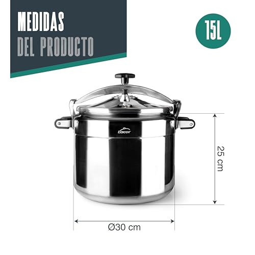 Lacor - 20515 - Olla a presión rápida PRO, Classic, Aluminio, Profesional, Máxima seguridad, 15 L, Ø 30 cm - imagen 2
