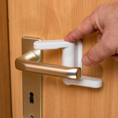 Türdrückerschloss zum Kleben, für Kinder und Haustiere, 2 Stück, wieder-verwendbar, mit 2-Druck-Knopf-System, Kindersicherung für Fenster, Tür Babysicherung, Türgriff Schutz, Türklinken Sicherung