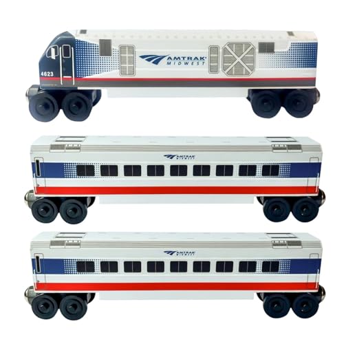 Whittle Shortline Railroad Amtrak Siemens Charger Wooden Train Set 3 Piece Engine and Coaches Handcrafted in USA Compatible with Major Railway Systems Hardwood