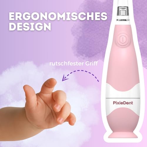 PixieDent Elektrische zahnbürste für Kinder Schallzahnbürste ultraschall mit 2 ersatzbürsten und 2 Modi Timer Zeitschaltuhr Sanfte Borsten LED Kinderzahnbürste von 0-3 Jahre (Rosa, Baby) – Bild 5
