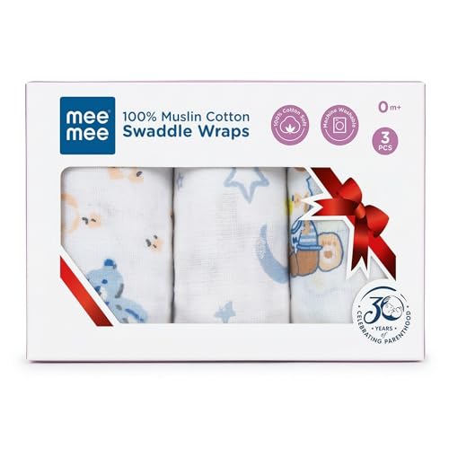 Image of Mee Mee 100% Cotton Muslin Swaddle Wrap for Newborn Baby(100x100 cm)(PK-3)| Soft, Breathable, Lightweight, Quick-Dry, Skin Friendly,Multi-Use Baby Blanket,Nursing Cover,Stroller Cover (Teddy & Stars)