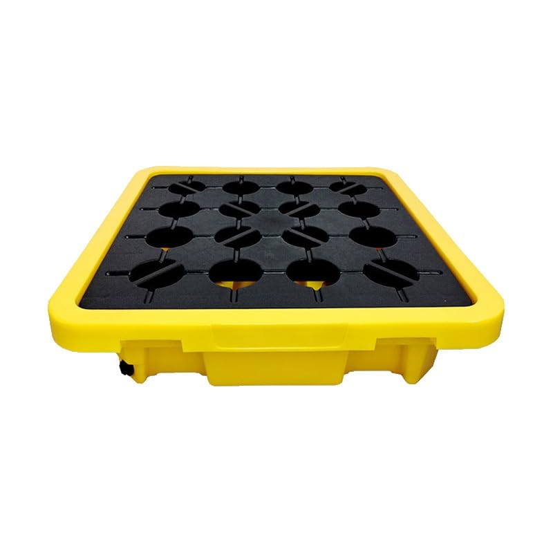 PFCDZDU Oil Drum Spill Platform, Outlet Modular Containment Capacity Pallet, with Drain & Forklift Pockets, Stackable Load Capacity Grating Tray for Industrial(Yellow-2PCS,26.8x26.8x5.5IN)