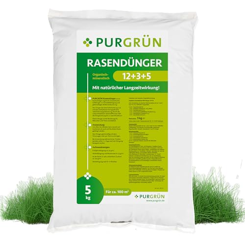 Purgrün® Rasendünger 5 kg – Organisch-mineralische Rezeptur– Mit Horngrieß zur Bodenverbesserung – Staubarmes Granulat – NPK 12+3+5 – Für gesunden & kräftigen Rasen – Sofort- und Langzeitwirkung