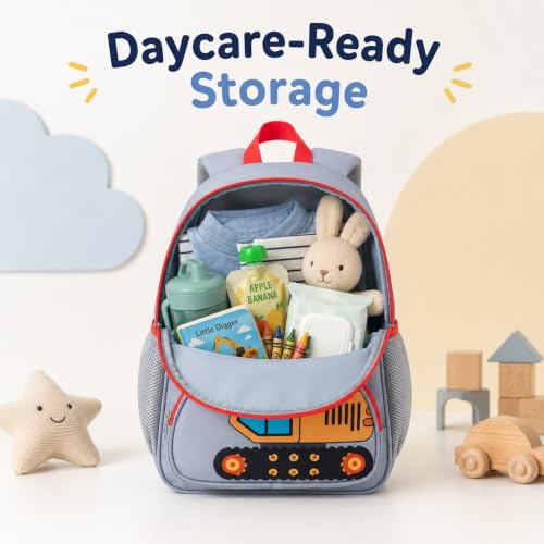 Image of LOIDOU Toddler Backpack for Boys, Excavator Construction Vehicle | Chest Strap, Padded Straps, Side Bottle Pockets, Daycare, Preschool, Travel