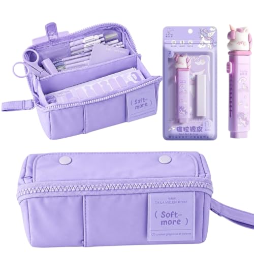 Image of Purple Pencil Pouch Set with Unicorn Eraser, Large Capacity | Large-capacity purple pencil pouch with unicorn push-pull eraser for organized school stationery storage.
