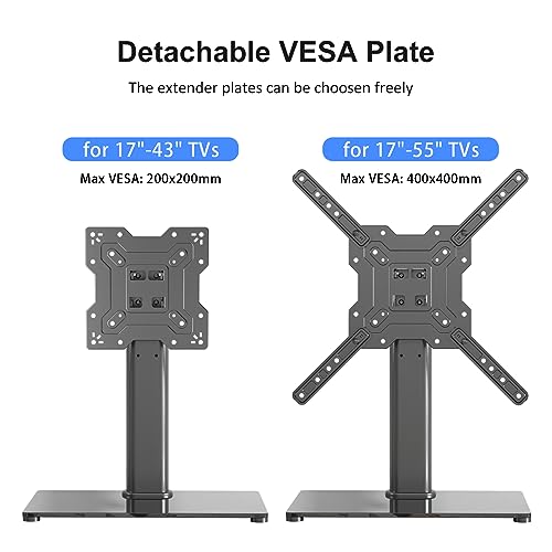 Image of Universal TV Stand Base, Table Top TV Stand for 17-55 Inch LCD /LED TVs, Height Adjustable Monitor Mount Stand with Tempered Glass Base Holds up to 88lbs VESA 400x400mm, TS102
