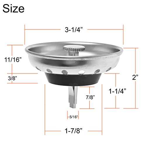 2 Pack 3-1/2 Inch Kitchen Sink Strainer and Stopper Combo Basket Replacement for Standard Drain, Stainless Steel Basket with Plastic Knob, Rubber Stopper Bottom