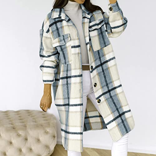 Women's Long Flannel Plaid Jacket Shacket Cozy Lapel Button Down Shirt Outerwear Casual Warm Fuzzy Trench Coat2