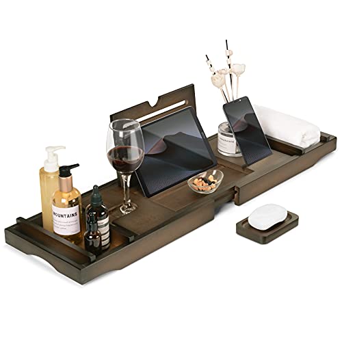 ðŸ› XCSOURCE Luxury Bamboo Bathtub Tray Caddy | Expandable Bath Tray Shelf Across Tub| Natural Bathtub Caddy Tray with Soap Box | Bathtub Accessory with Wine Glass Holder, Book Caddy, Tablet Holder