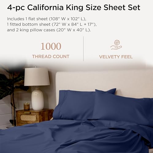 Threadmill California King Sheets, Certified American Supima Cotton Sheets, 1000 Thread Count Hotel Quality Sheets, 4 Piece Luxury Bed Sheets Set with Elasticized Extra Deep Pocket, Folkstone Blue