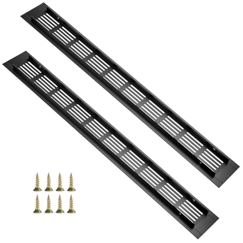 QWORK® Lot de 2 Grille d'Aération 400 x 50 mm – Ventilation Rectangulaire en Aluminium pour Armoires, Placards & Cuisines – Grille de Porte Noire...