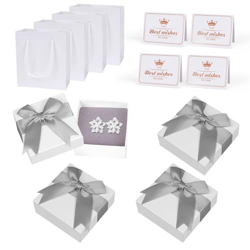 GOTFUN Lot de 4 boîtes cadeaux pour bijoux, petites boîtes 7 x 7 x 3,5 cm, couvercle et cartes de vœux, pochette cadeau, bracelet, bague, collier, boucles...