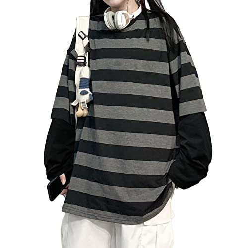 LAVASEON Harajuku Oversized Striped T-Shirt Long Sleeve Crew Neck Casual Matching Couple Streetwear Pullover