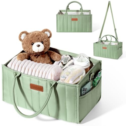 Image of Zooawa Baby Diaper Caddy Organizer, Portable Nursery Storage Basket with Compartments, Handle & Shoulder Strap for Newborn Baby Essentials, Gift for Baby Shower, Nursery, Travel, Car, Matcha Green