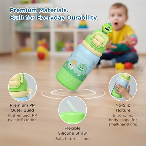 Image of Mee Mee Oasis Sip Kids Insulated Water Bottle 460ml | SUS316 Stainless Steel | 3-in-1 Straw, Spout & Sip Lid | Leakproof School Bottle for Kids | 12H Cold & 8H Hot | BPA-Free Sipper with Strap