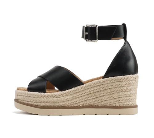 Soda “Fabian” ~ Women Square Toe Closed Back Counter Crisscross Band Platform Espadrille Wedge Sandals with Adjustable Ankle Strap