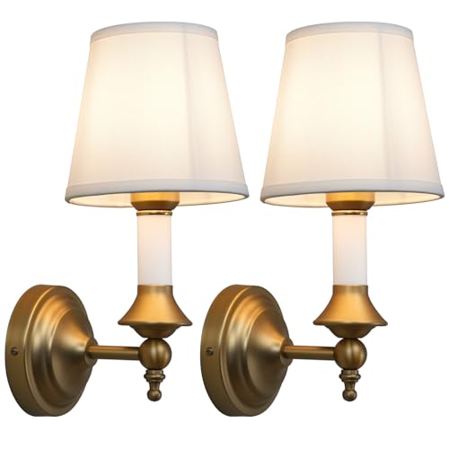 Image of Phansthy Hardwired Wall Sconces Set of 2, Modern Bathroom Vanity Sconces Wall Lighting with Fabric Shade Antique Gold Wall Lamps (White Shade, Hardwired (2 Pack))