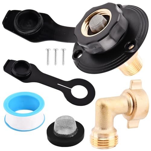 Image of RV City Water Inlet with Check Valve, 3 /4 NH Female to 1 /2 NPT Male Thread Fresh Water Inlet Replacement, City Water Fill Inlet Connection with Dust Plug for RV Camper Motorhome Trailer Marine