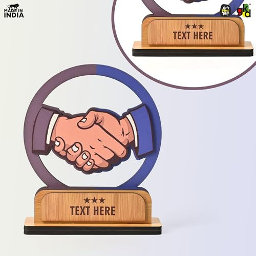 Image of GKD Personalized Wooden Handshake Memento Trophy | Partnership Award for Corporate Gifts, Dealer Meets & Business Achievements | Custom Name & Text | Office Desk Decor (Personalized)