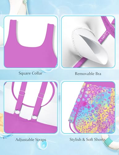 Image of Girls Swimsuit One Piece Swimsuits Color Block Bathing Suit for Girls Adjustable Strap Padded Swimwear with Shorts
