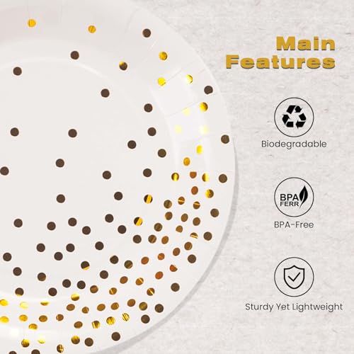 EVYIENEN Pacote com 50 pratos de papel branco e dourado, 18 cm de folha metálica de bolinhas, pratos